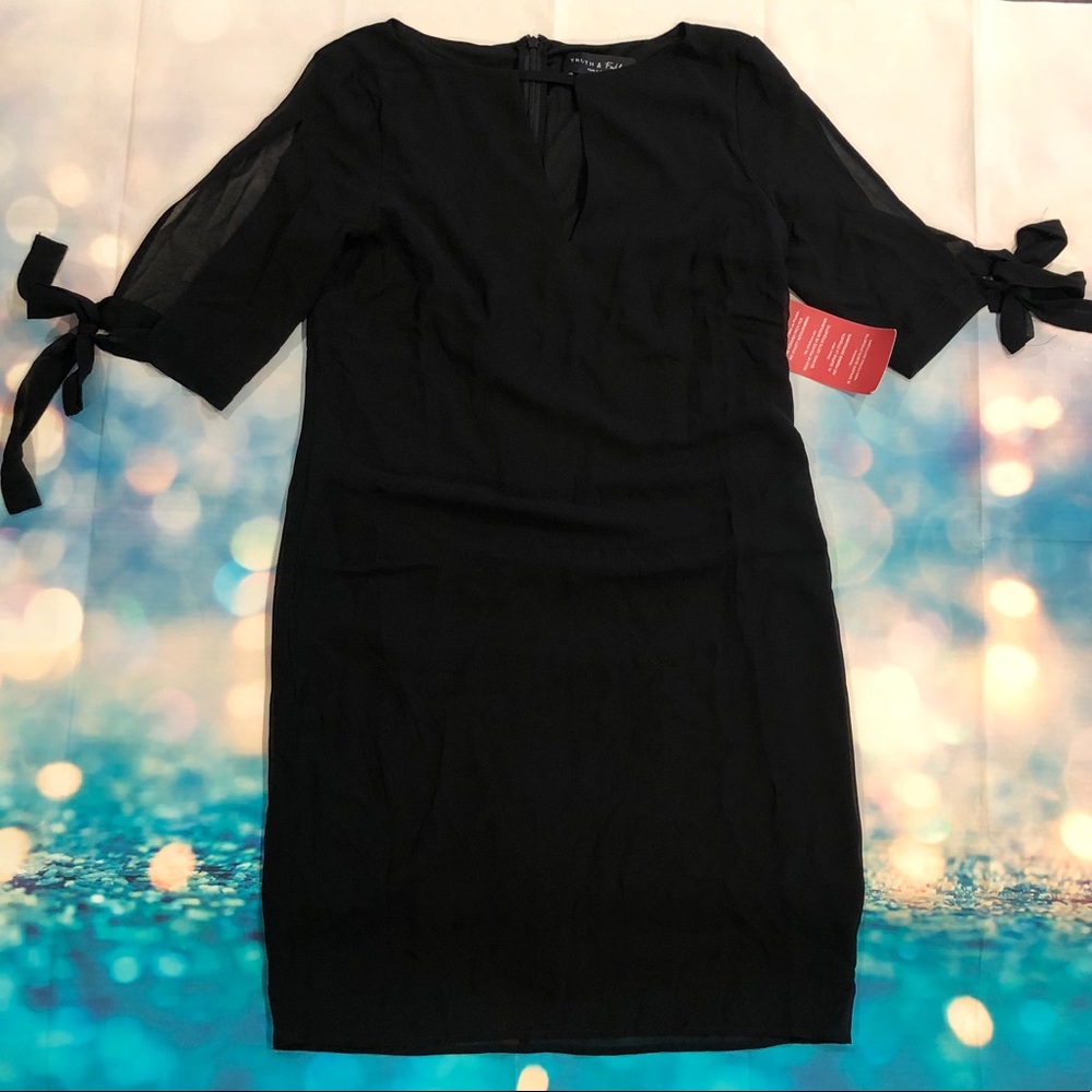 Truth & Fable Sheer Sleeve Black Dress
